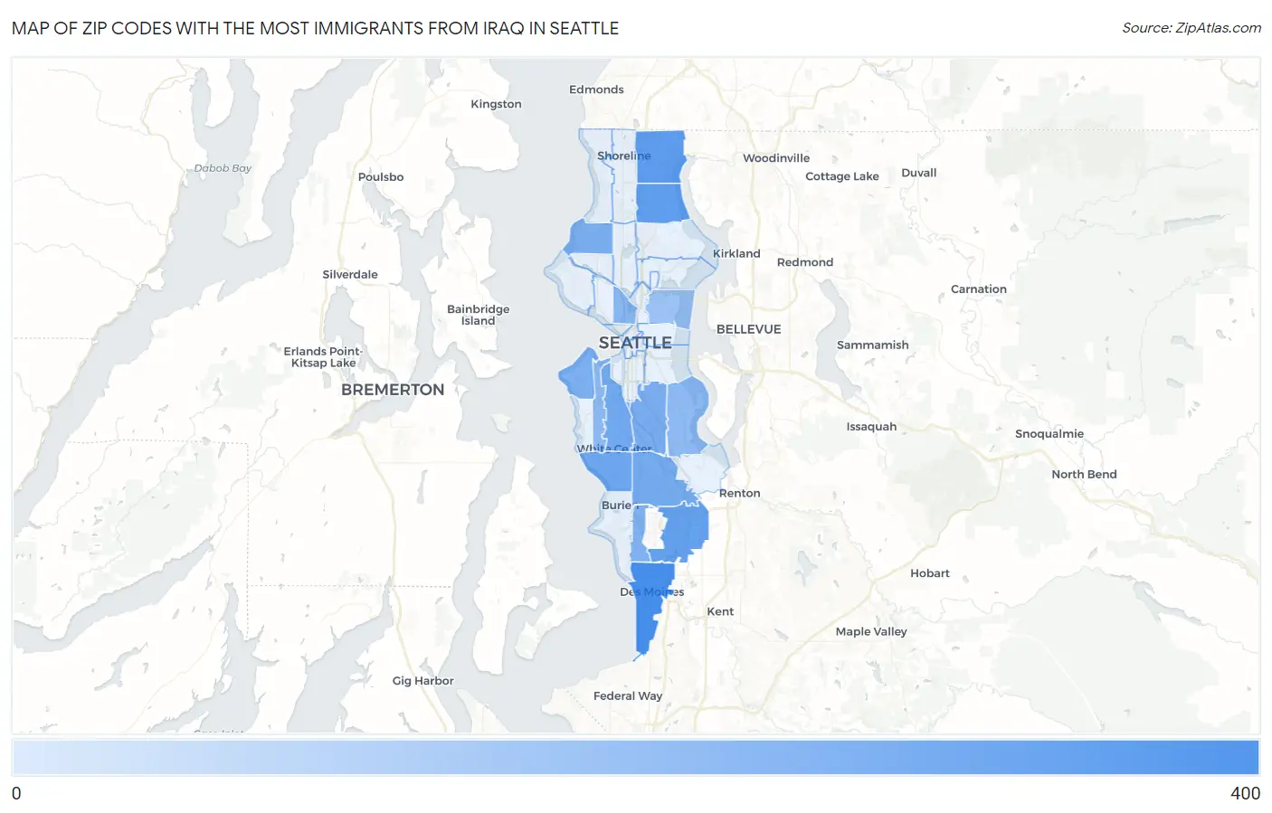 Zip Codes with the Most Immigrants from Iraq in Seattle Map