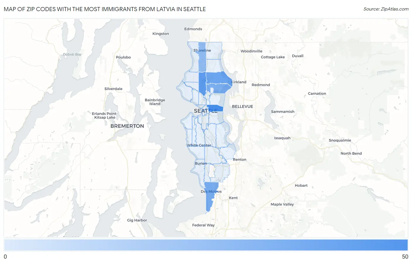Zip Codes with the Most Immigrants from Latvia in Seattle Map