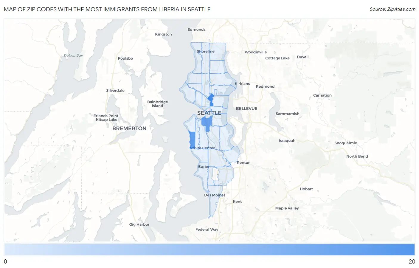 Zip Codes with the Most Immigrants from Liberia in Seattle Map