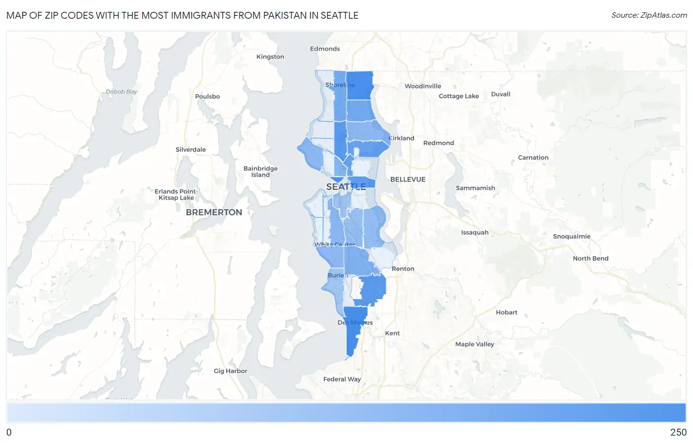 Zip Codes with the Most Immigrants from Pakistan in Seattle Map
