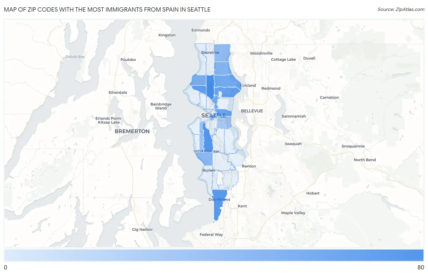 Zip Codes with the Most Immigrants from Spain in Seattle Map
