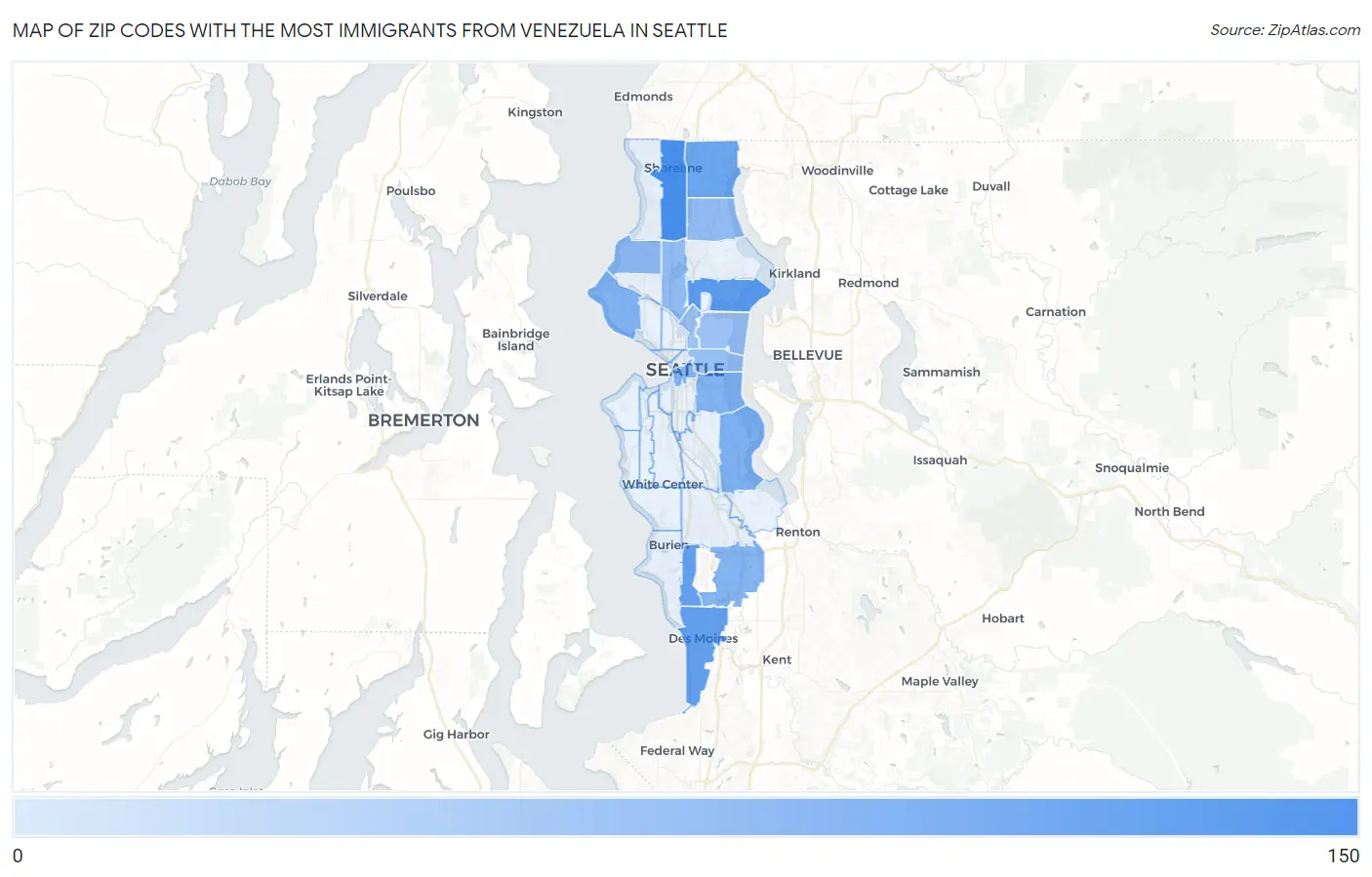 Zip Codes with the Most Immigrants from Venezuela in Seattle Map
