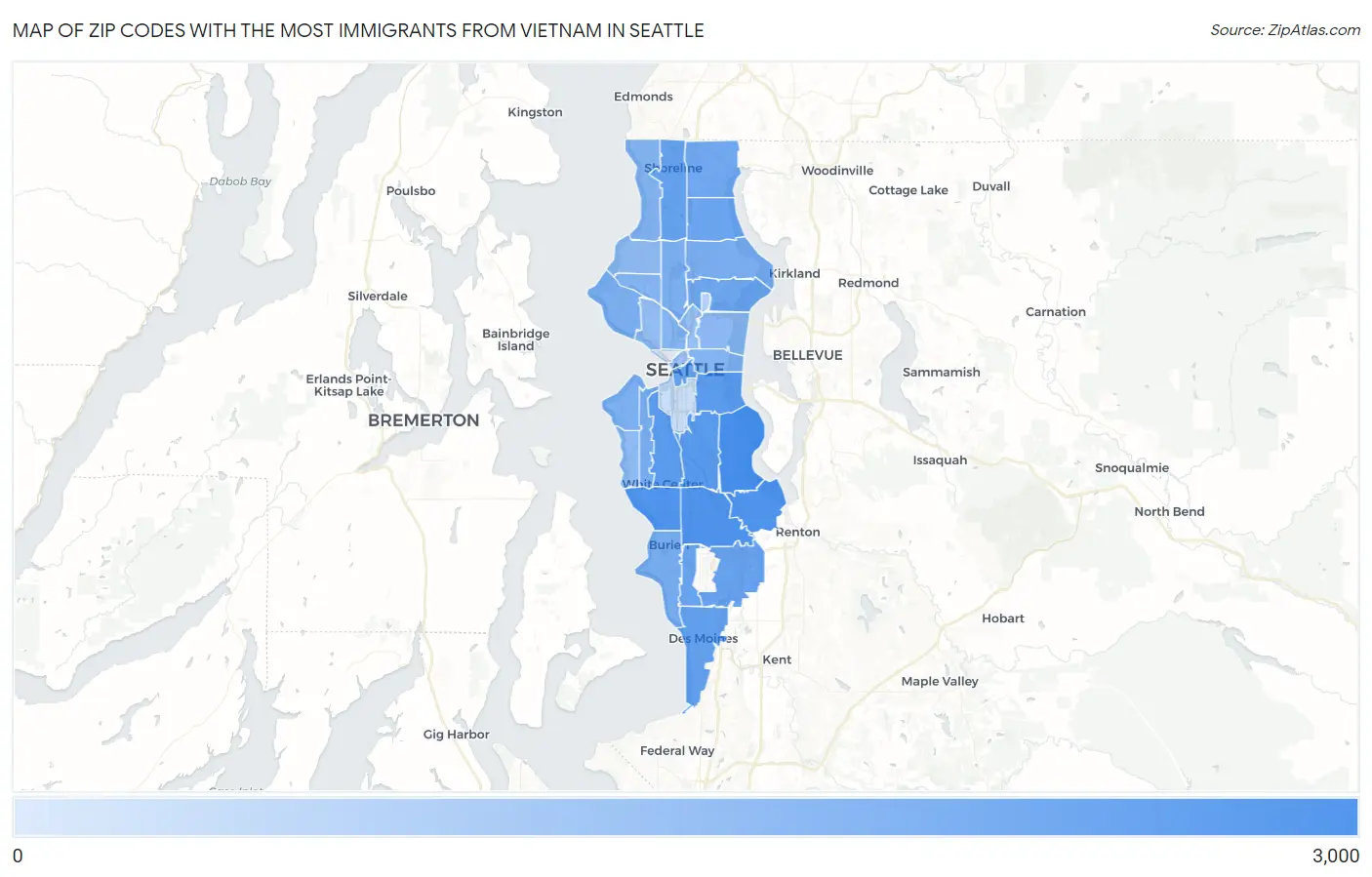 Zip Codes with the Most Immigrants from Vietnam in Seattle Map