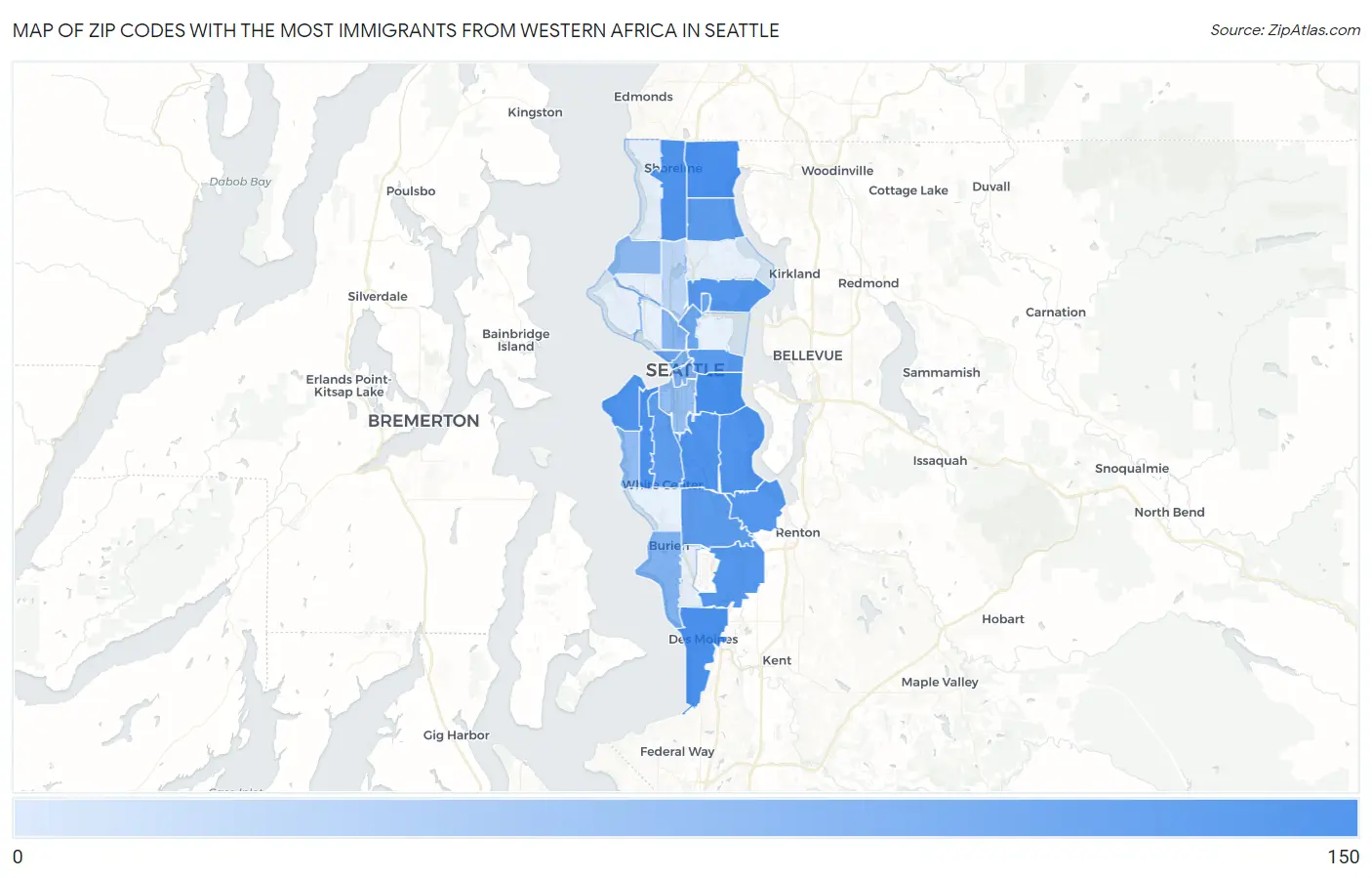 Zip Codes with the Most Immigrants from Western Africa in Seattle Map