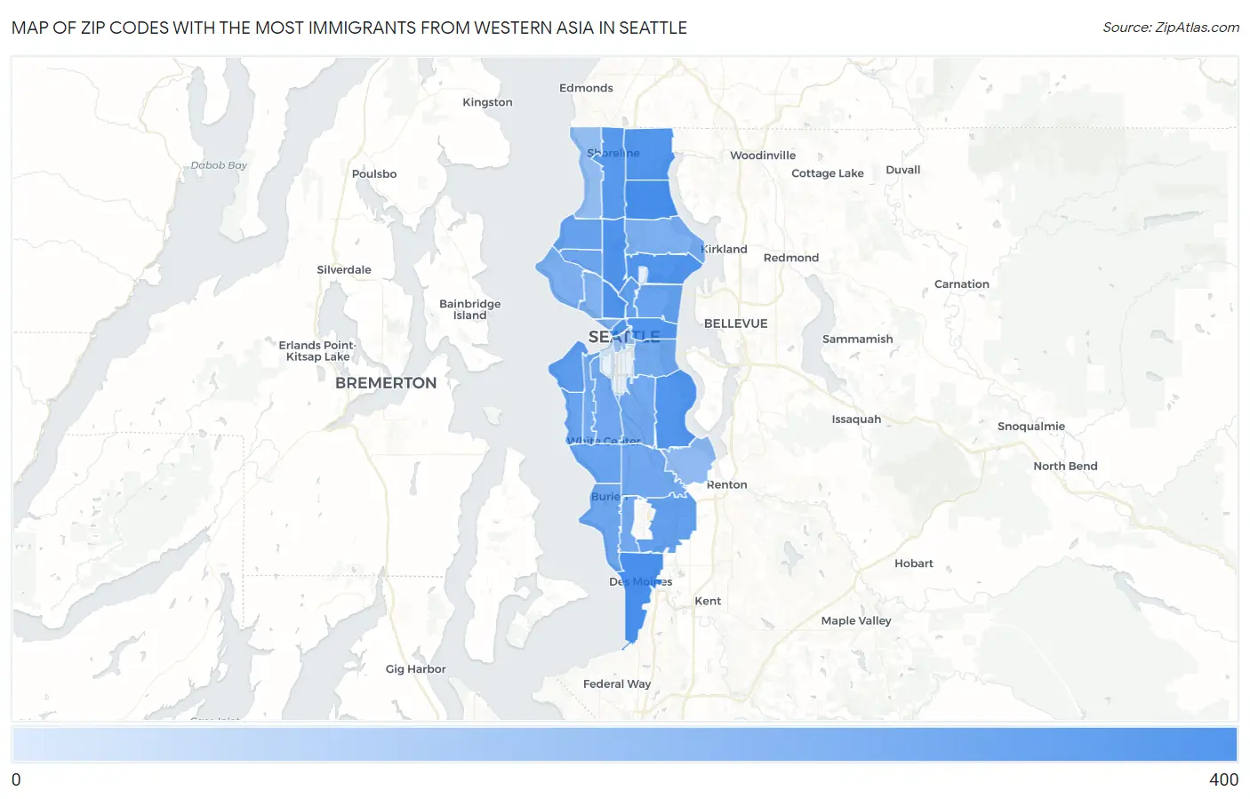 Zip Codes with the Most Immigrants from Western Asia in Seattle Map