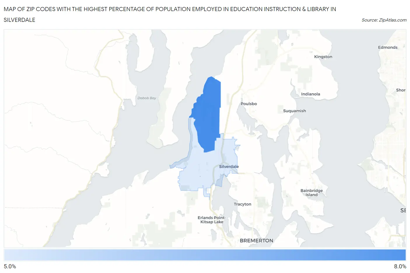 Zip Codes with the Highest Percentage of Population Employed in Education Instruction & Library in Silverdale Map