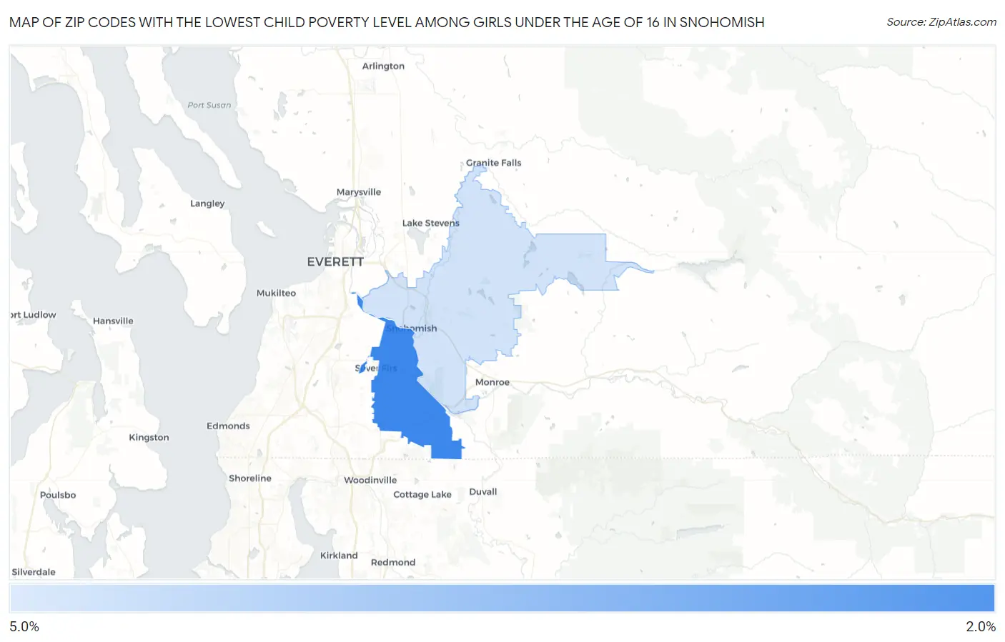Zip Codes with the Lowest Child Poverty Level Among Girls Under the Age of 16 in Snohomish Map