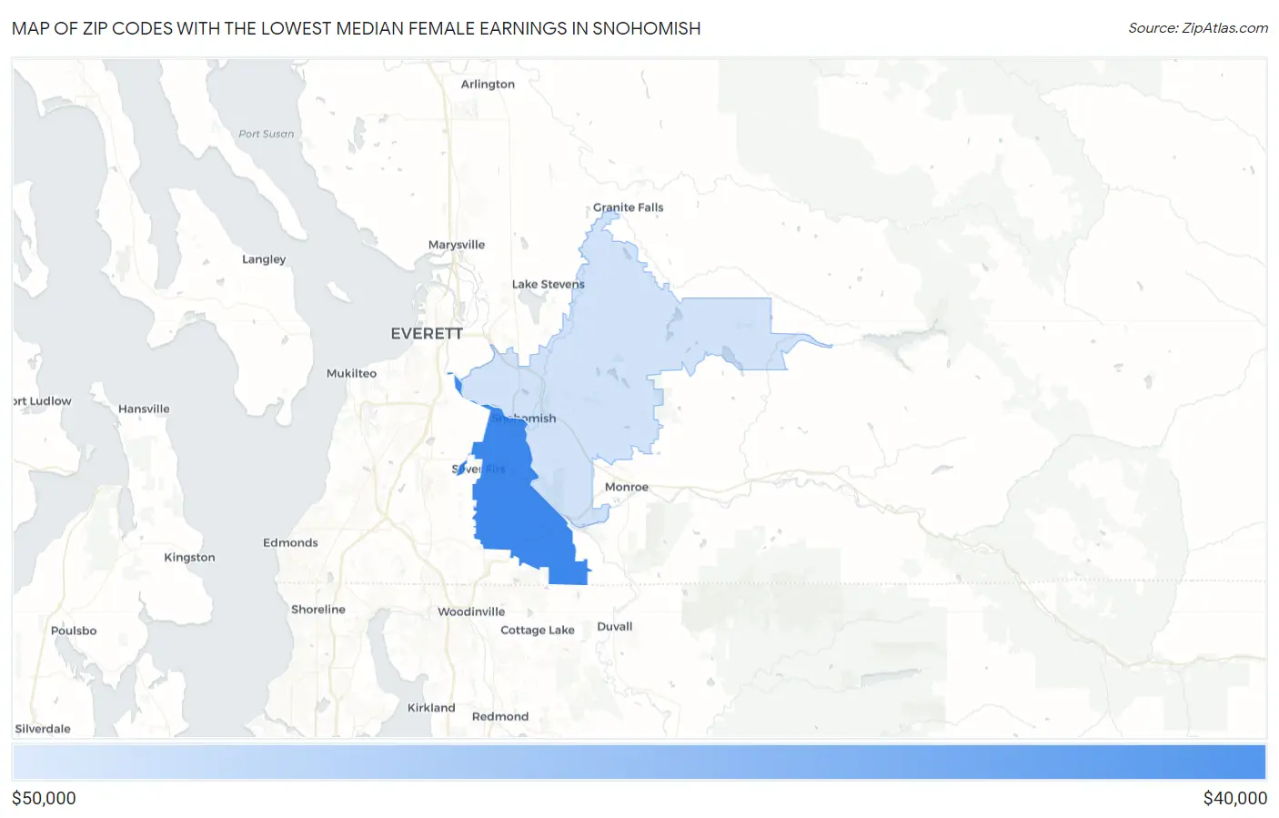 Zip Codes with the Lowest Median Female Earnings in Snohomish Map