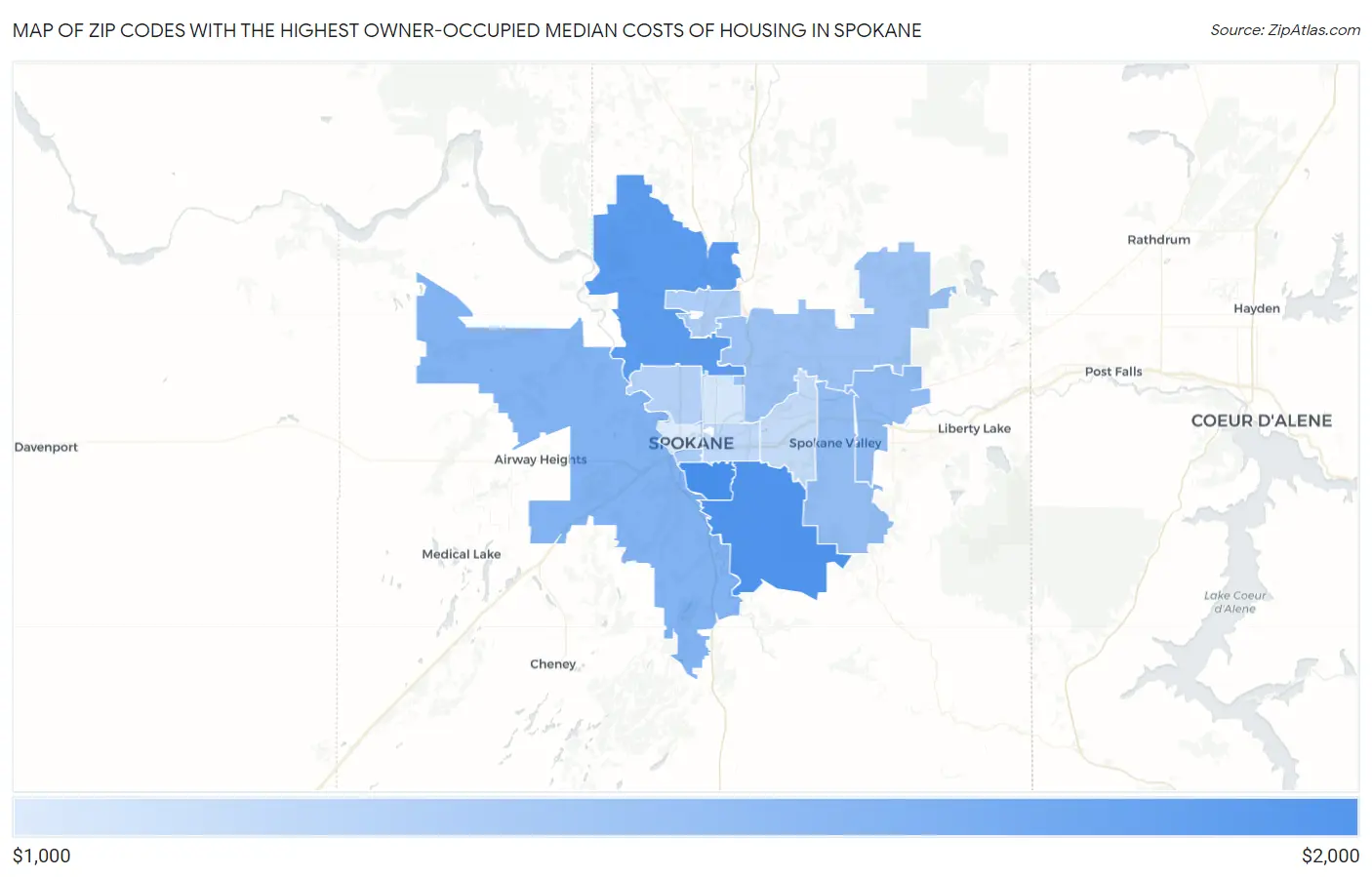 Zip Codes with the Highest Owner-Occupied Median Costs of Housing in Spokane Map