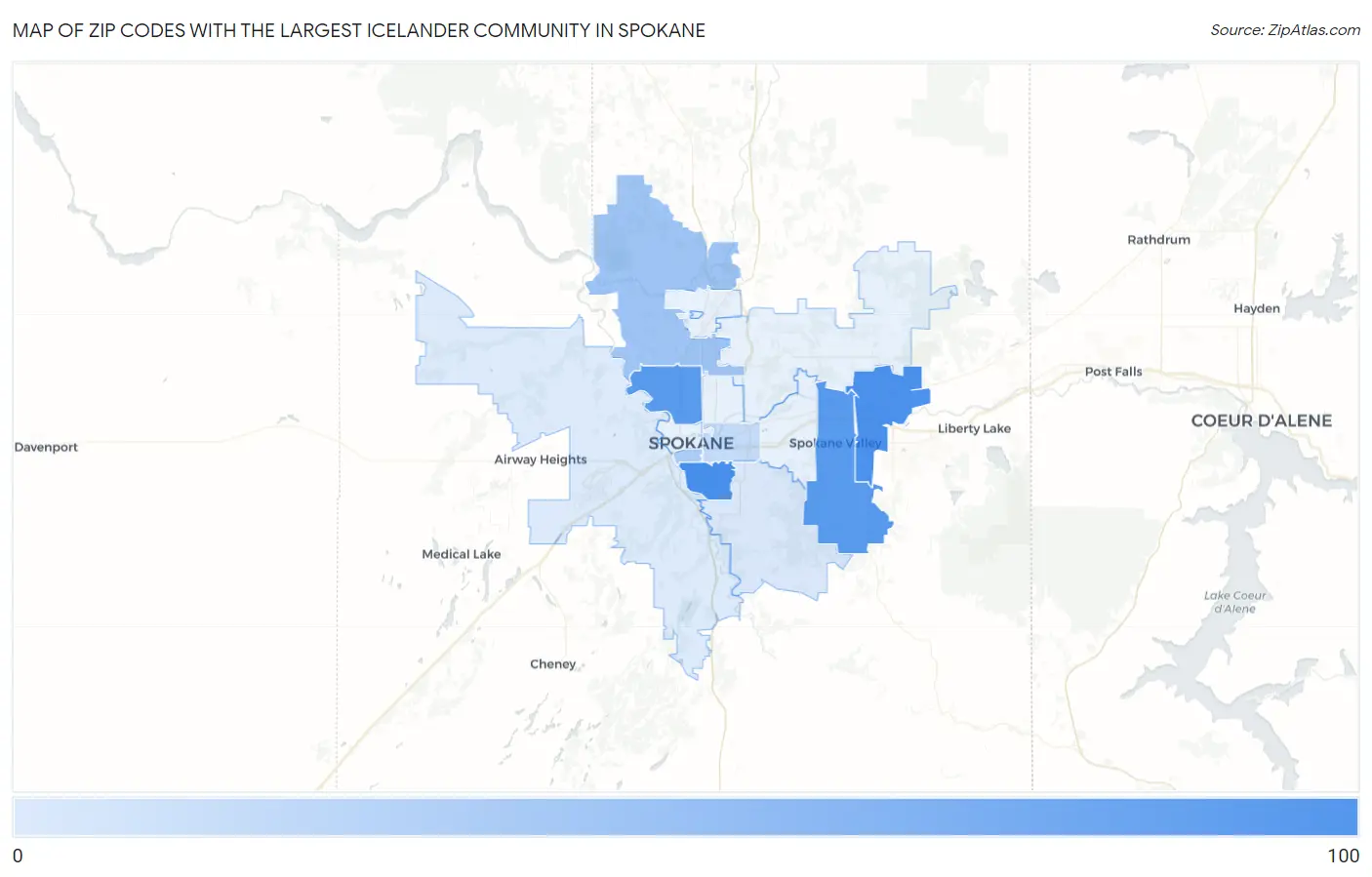 Zip Codes with the Largest Icelander Community in Spokane Map