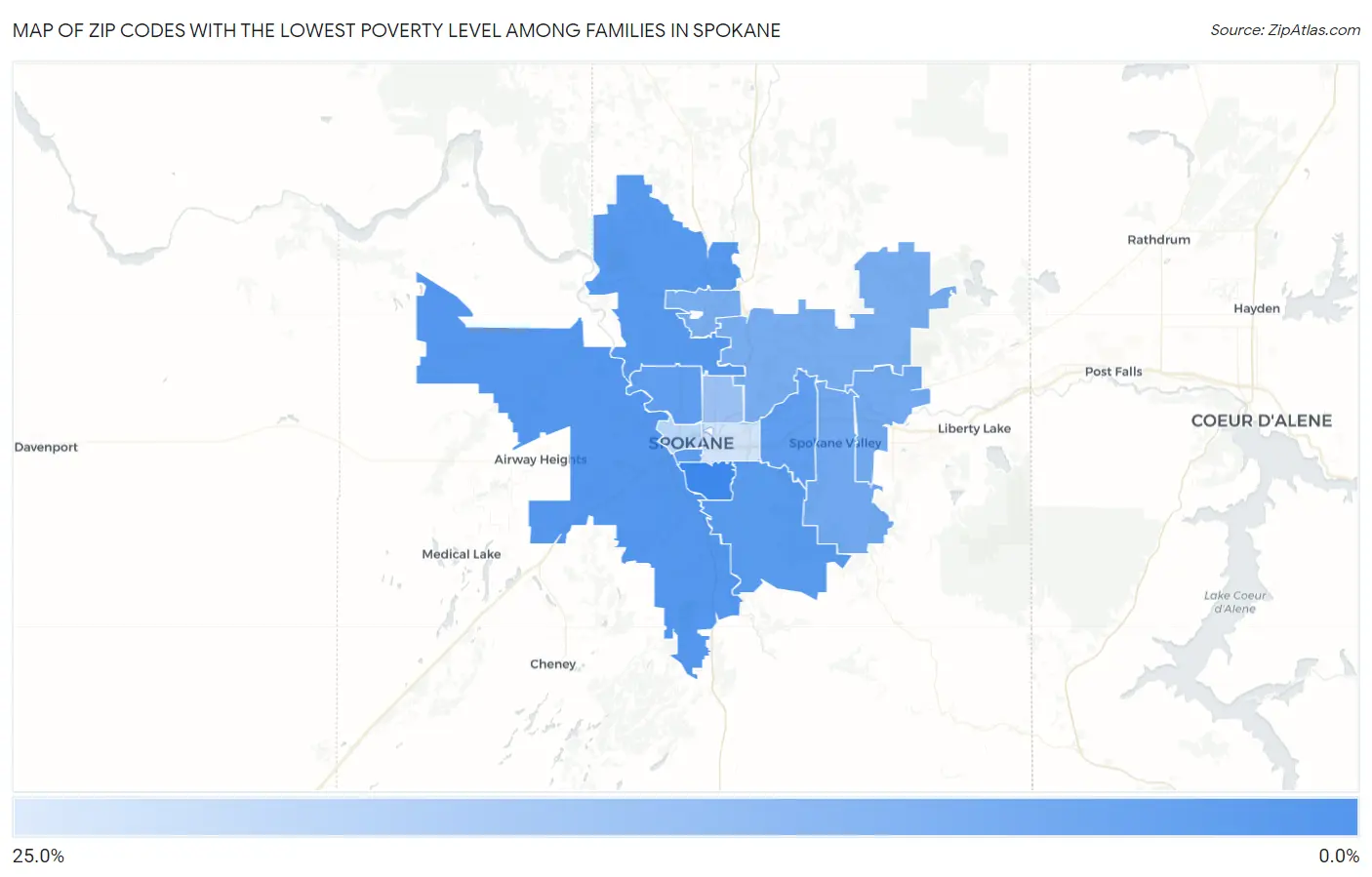 Zip Codes with the Lowest Poverty Level Among Families in Spokane Map