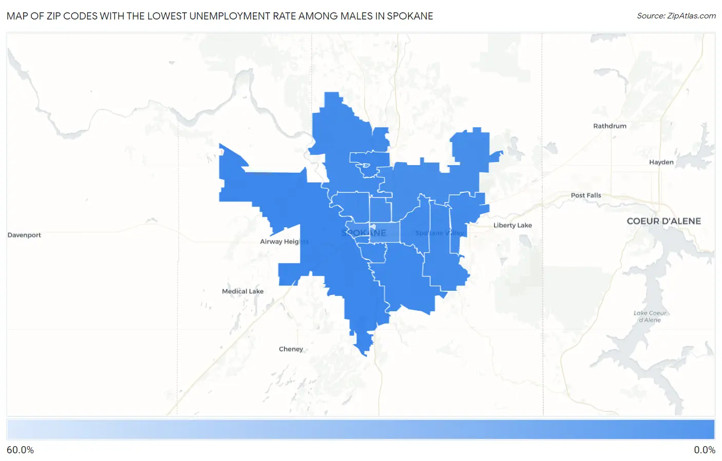 Zip Codes with the Lowest Unemployment Rate Among Males in Spokane Map