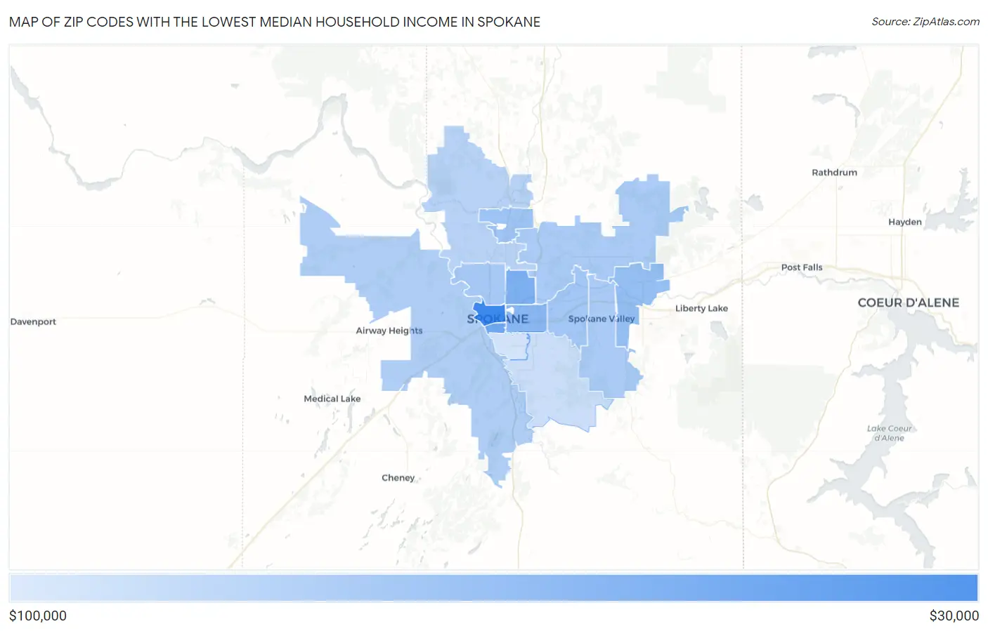 Zip Codes with the Lowest Median Household Income in Spokane Map