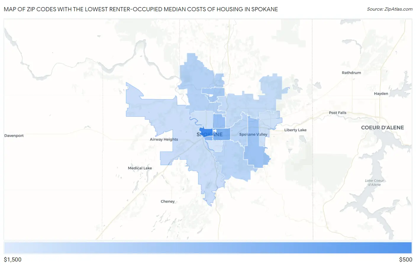 Zip Codes with the Lowest Renter-Occupied Median Costs of Housing in Spokane Map
