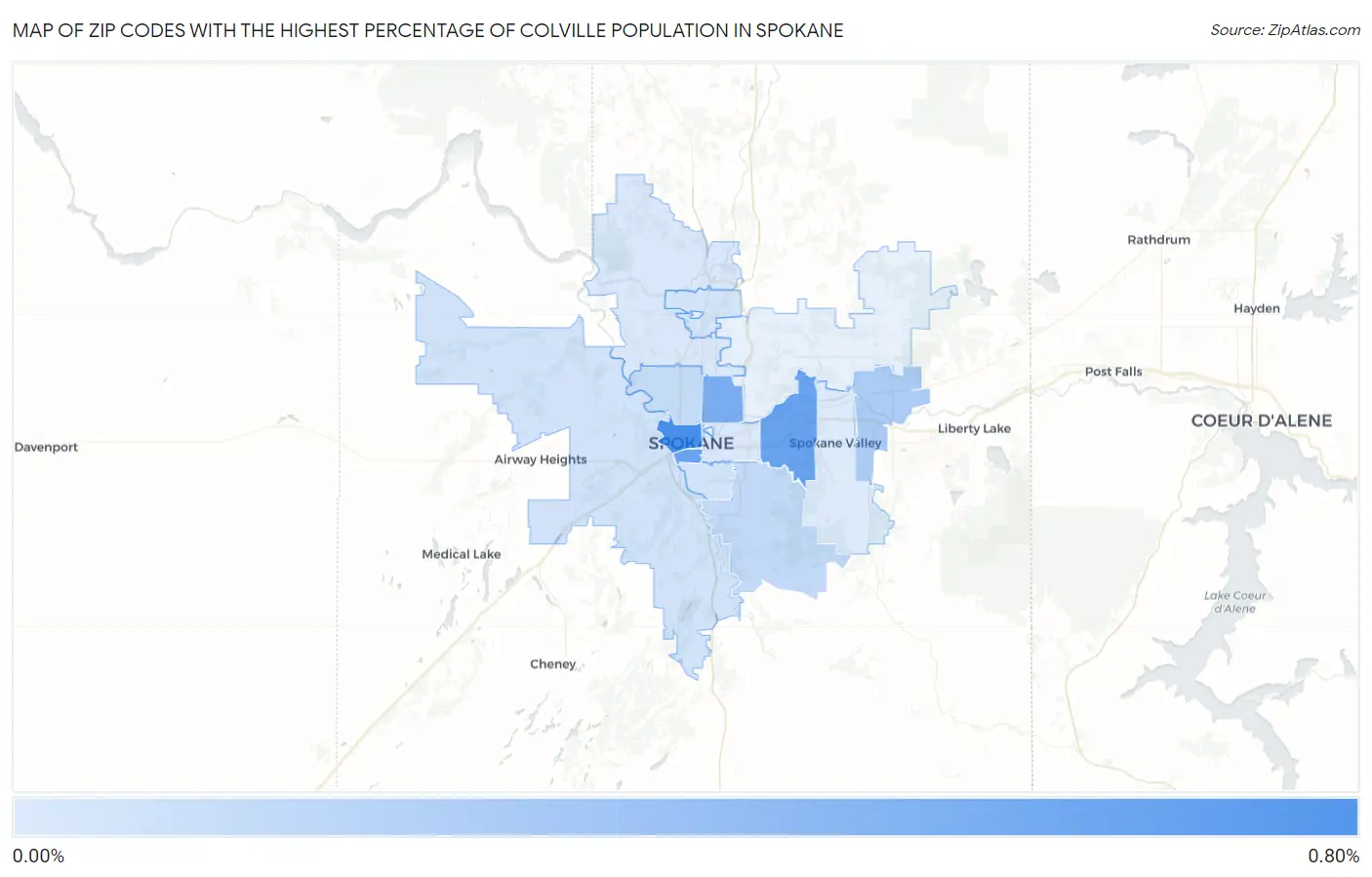 Zip Codes with the Highest Percentage of Colville Population in Spokane Map