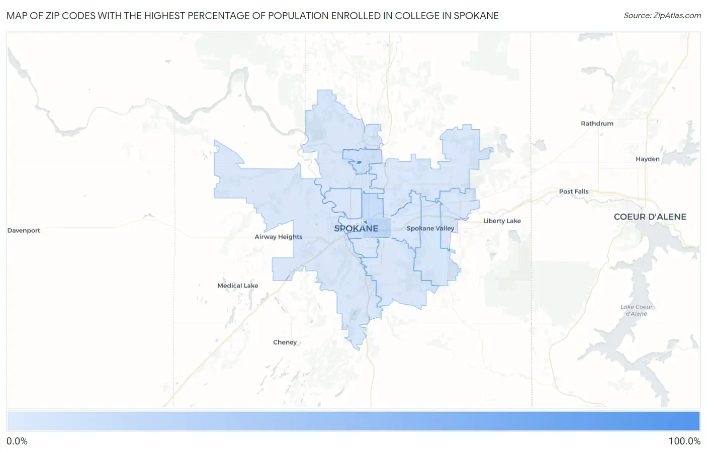 Zip Codes with the Highest Percentage of Population Enrolled in College in Spokane Map