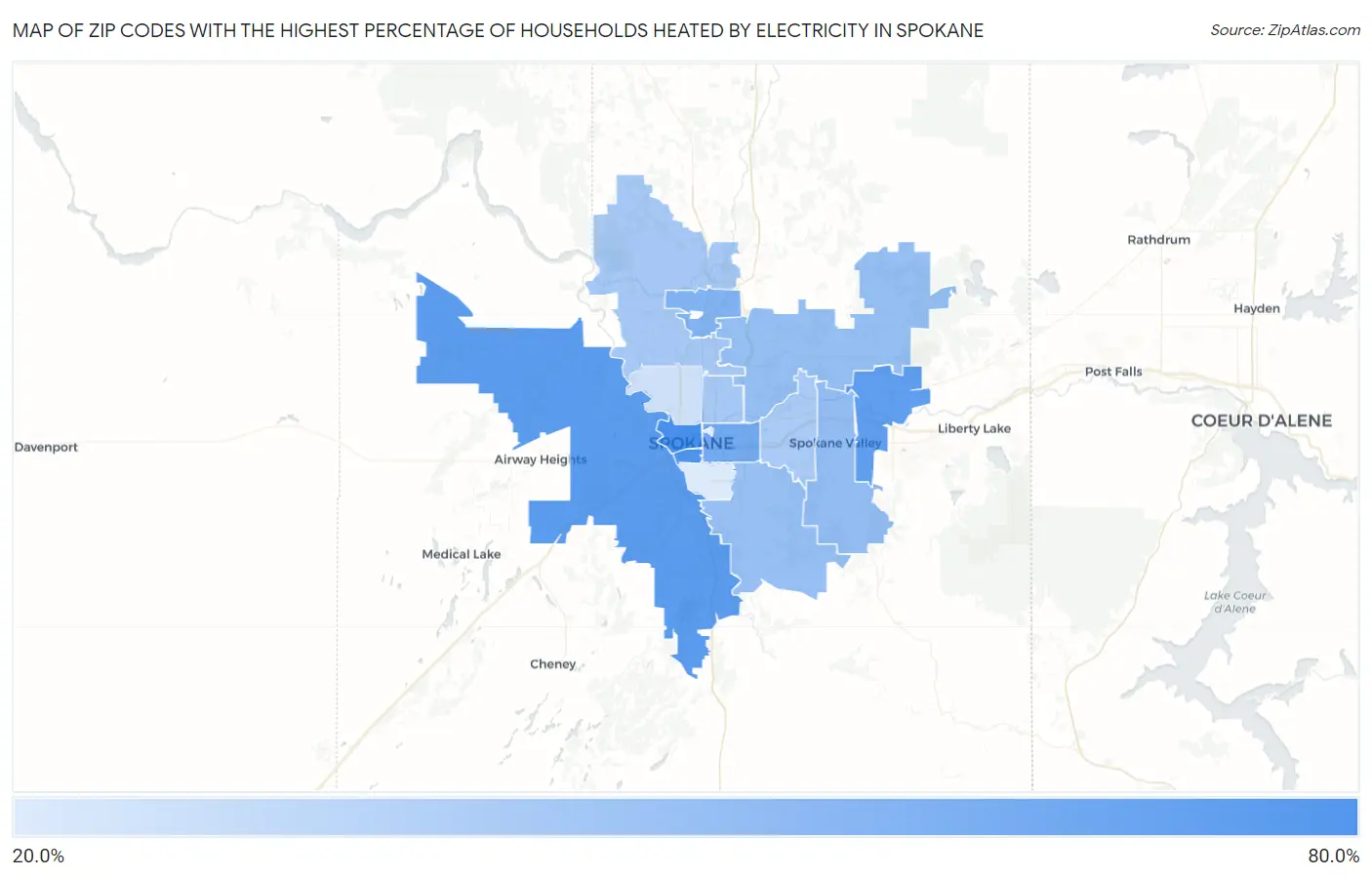Zip Codes with the Highest Percentage of Households Heated by Electricity in Spokane Map