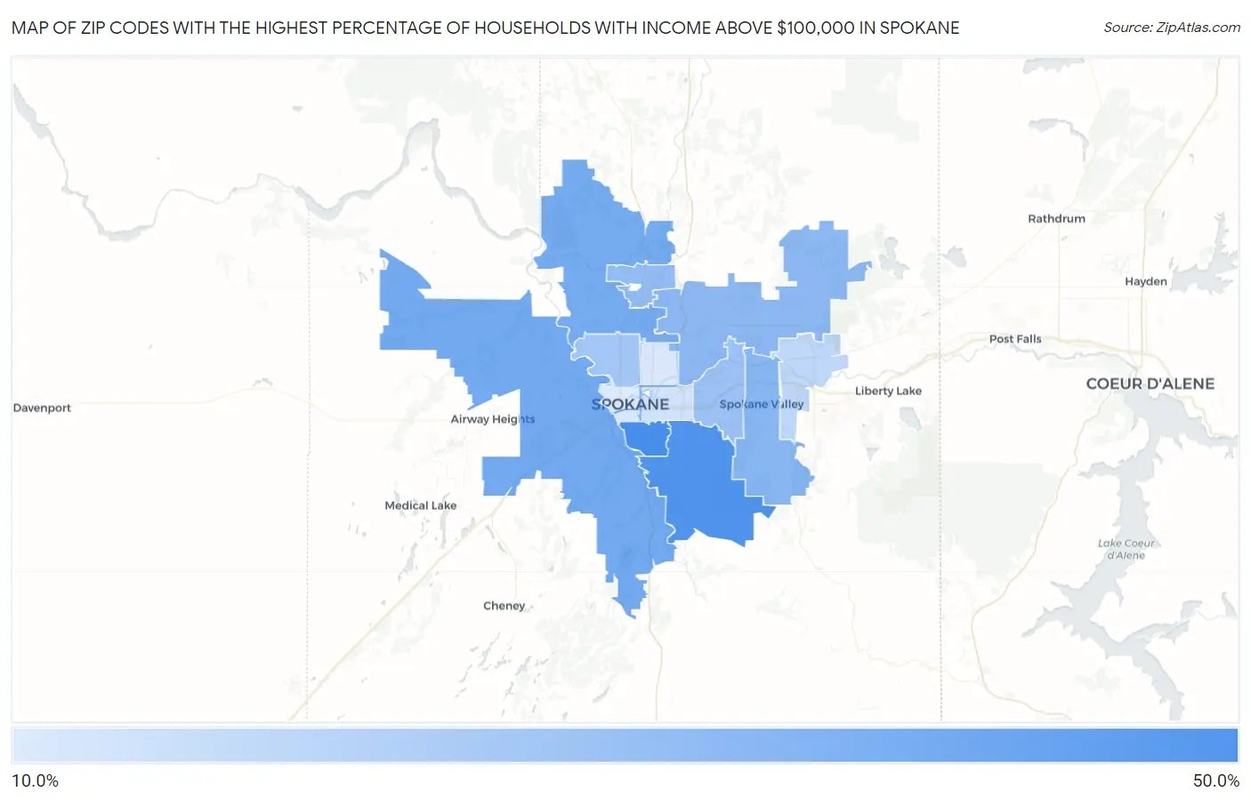 Zip Codes with the Highest Percentage of Households with Income Above $100,000 in Spokane Map