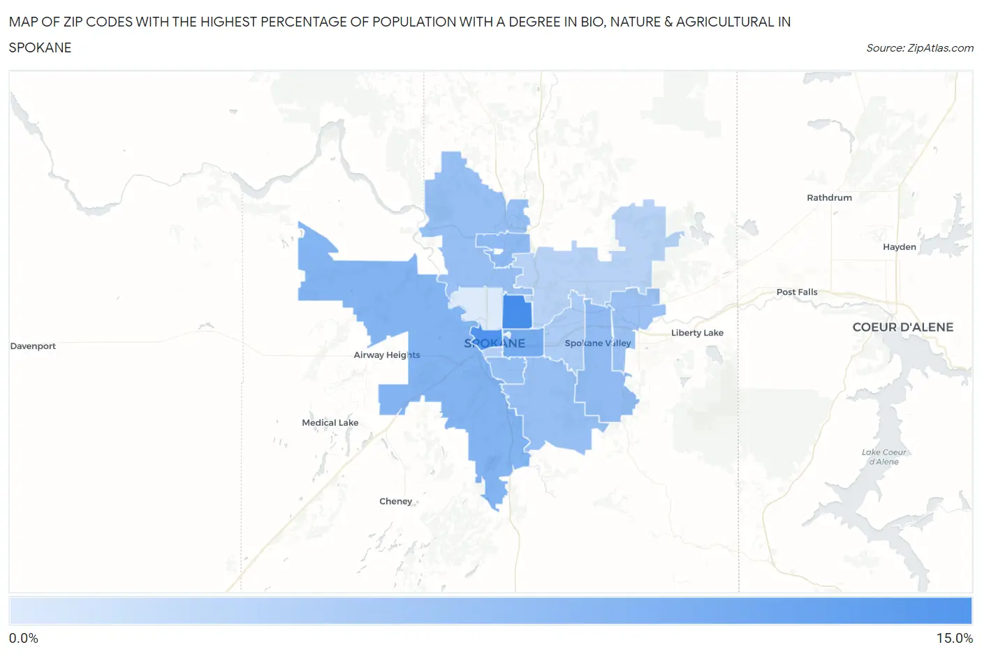 Zip Codes with the Highest Percentage of Population with a Degree in Bio, Nature & Agricultural in Spokane Map