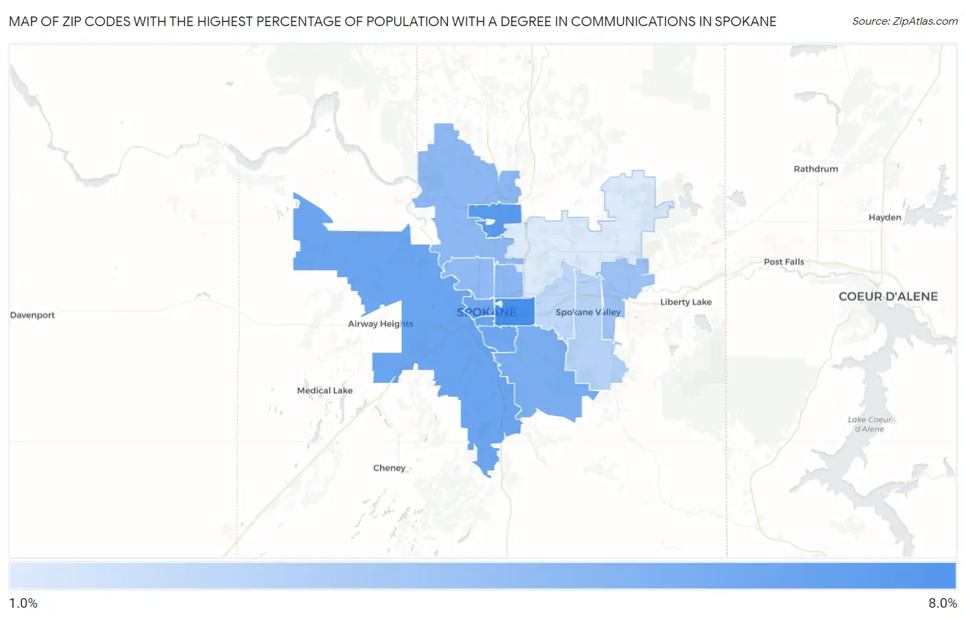 Zip Codes with the Highest Percentage of Population with a Degree in Communications in Spokane Map