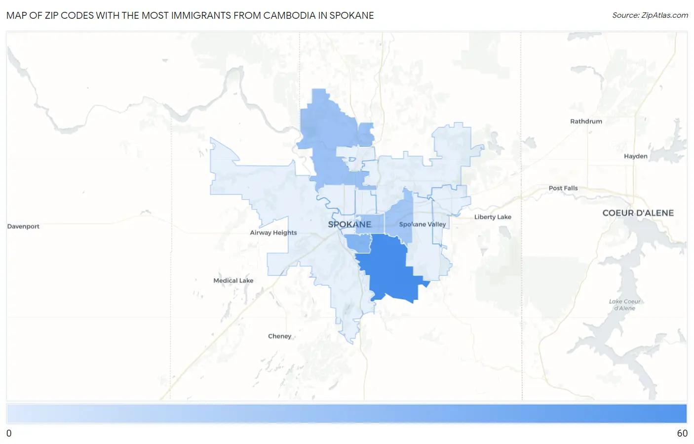 Zip Codes with the Most Immigrants from Cambodia in Spokane Map