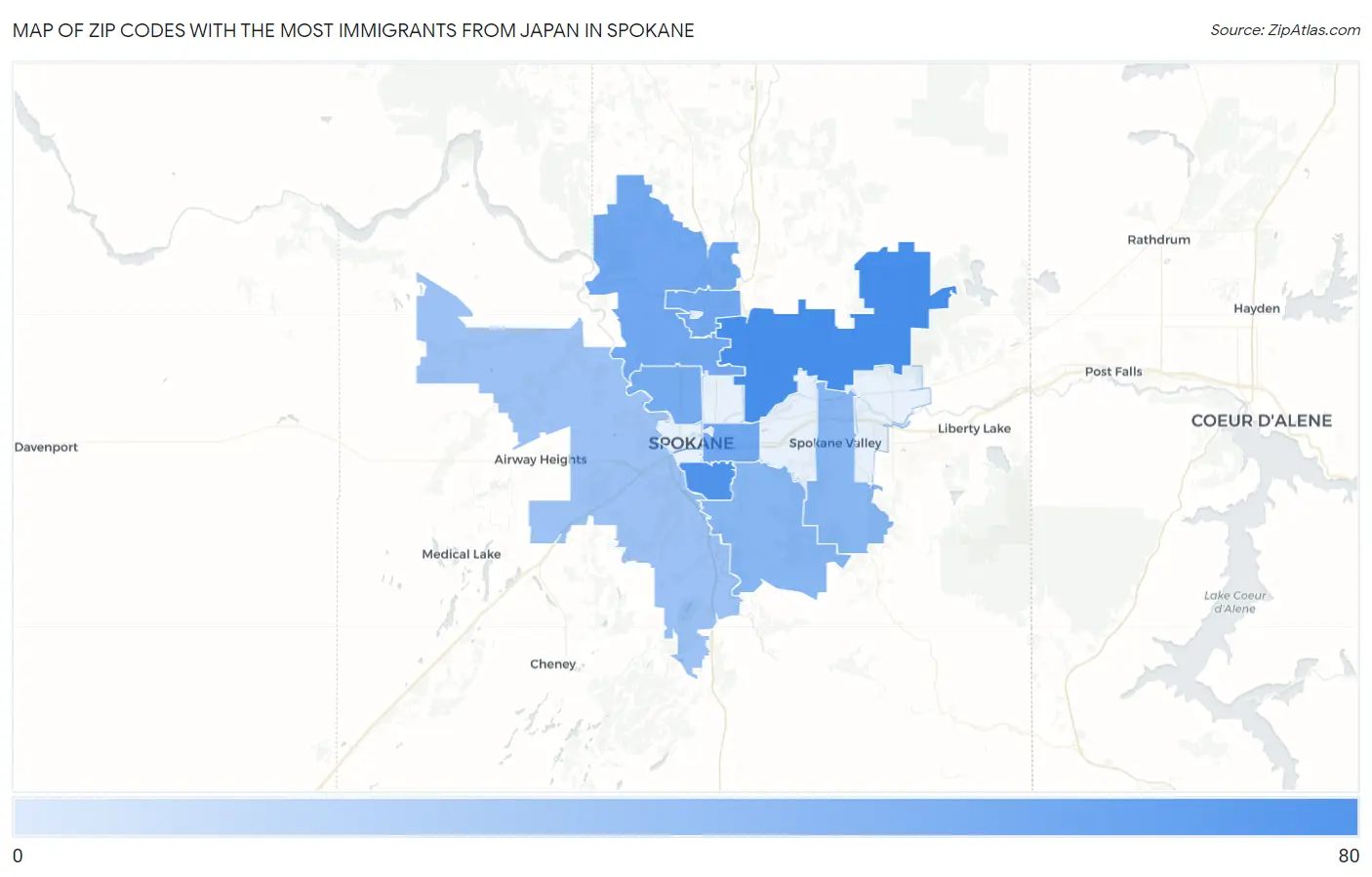 Zip Codes with the Most Immigrants from Japan in Spokane Map