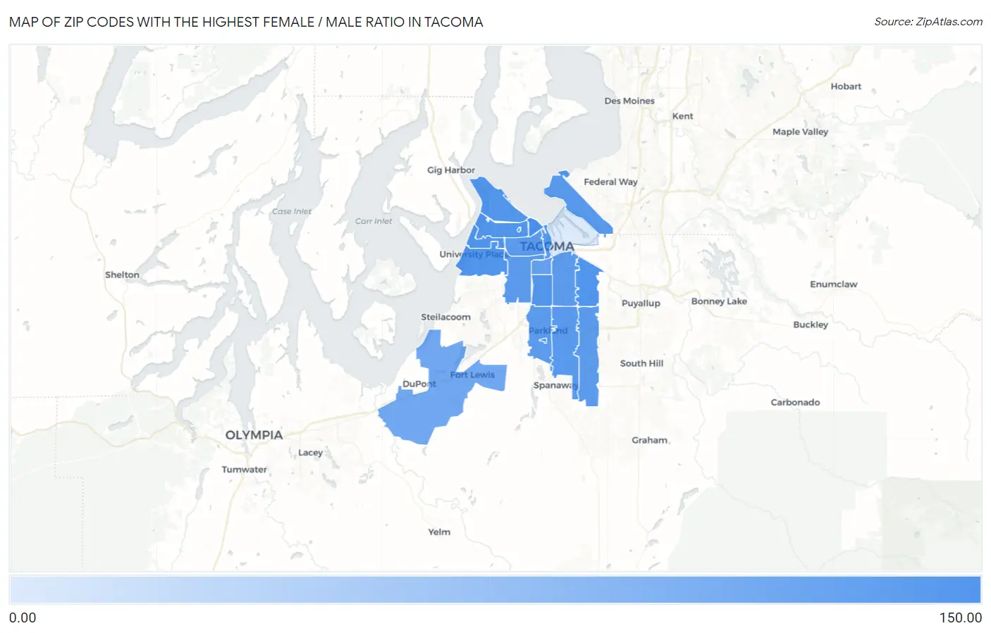 Zip Codes with the Highest Female / Male Ratio in Tacoma Map