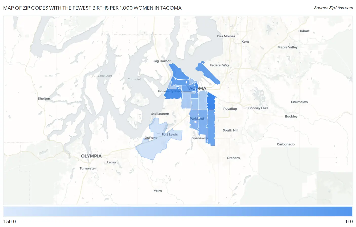 Zip Codes with the Fewest Births per 1,000 Women in Tacoma Map