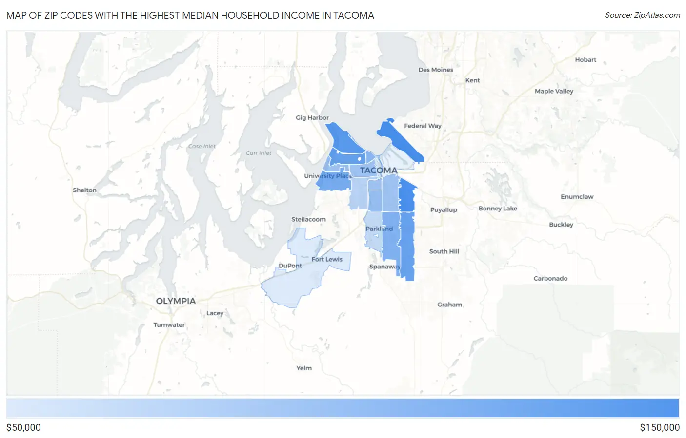 Zip Codes with the Highest Median Household Income in Tacoma Map