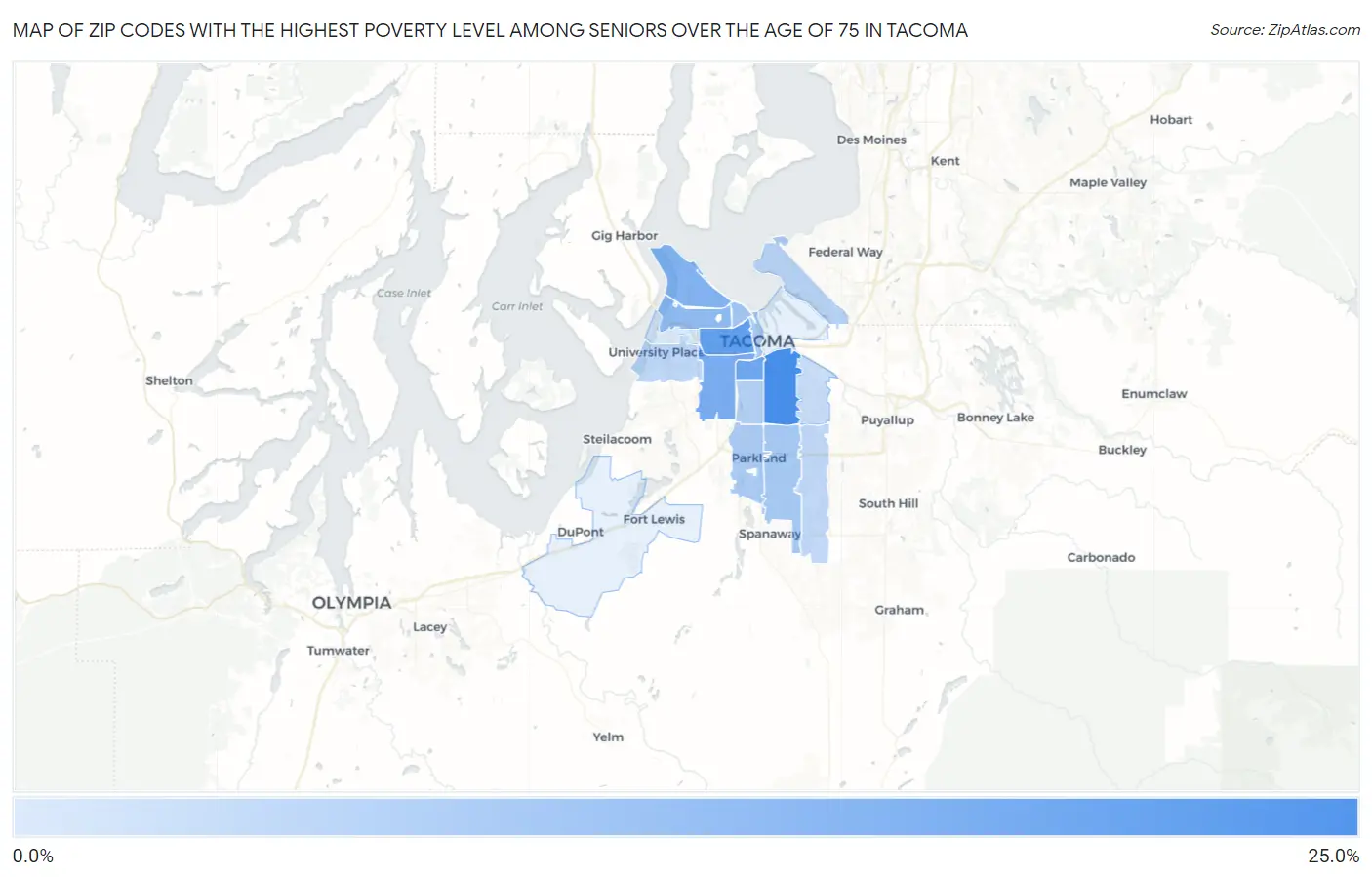 Zip Codes with the Highest Poverty Level Among Seniors Over the Age of 75 in Tacoma Map