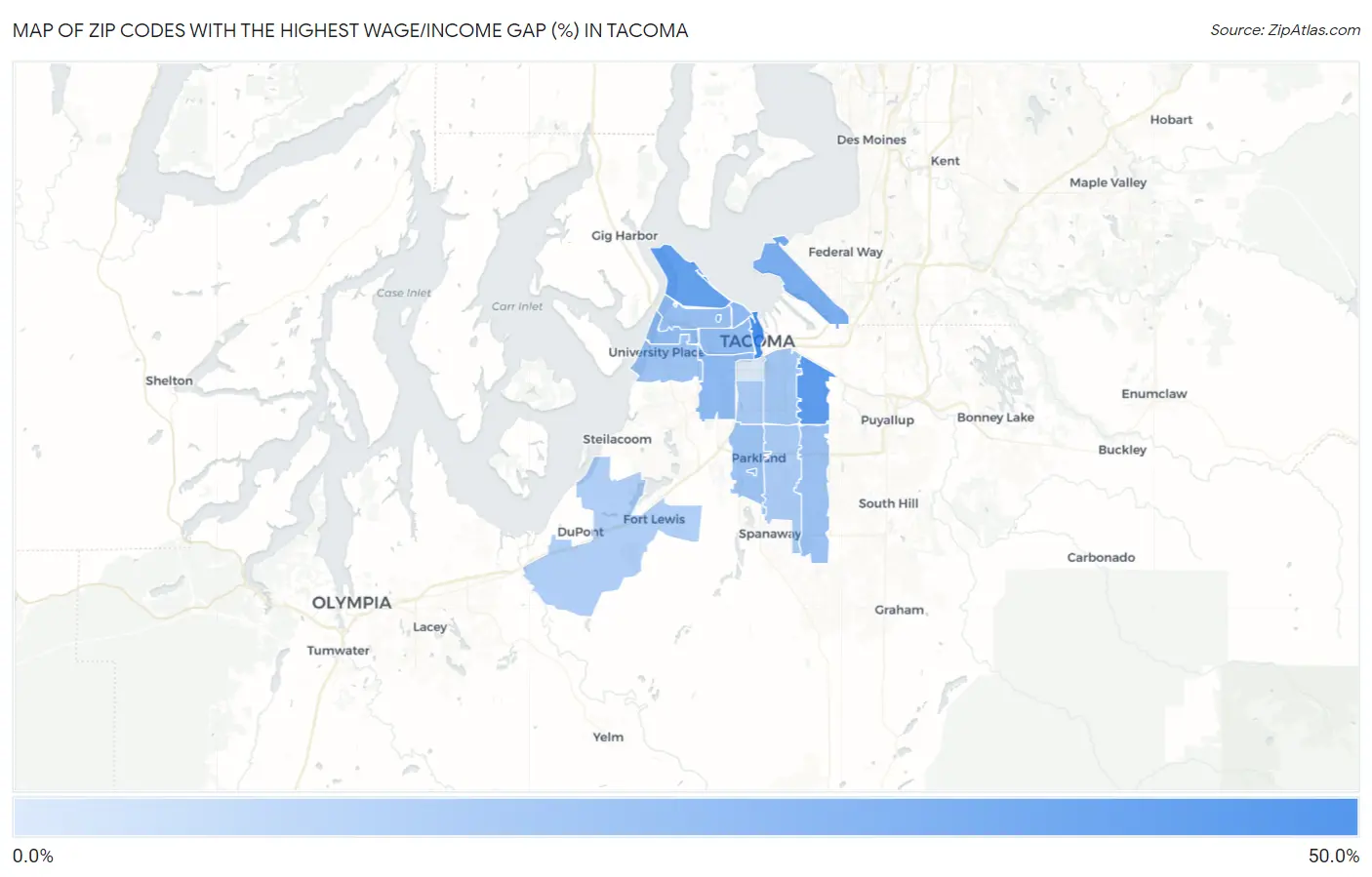 Zip Codes with the Highest Wage/Income Gap (%) in Tacoma Map