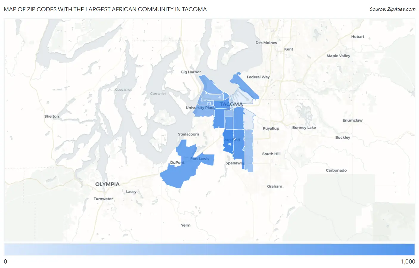 Zip Codes with the Largest African Community in Tacoma Map