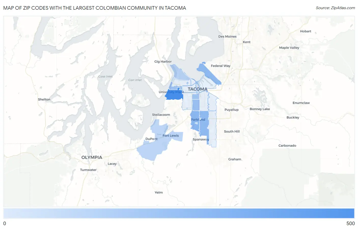 Zip Codes with the Largest Colombian Community in Tacoma Map