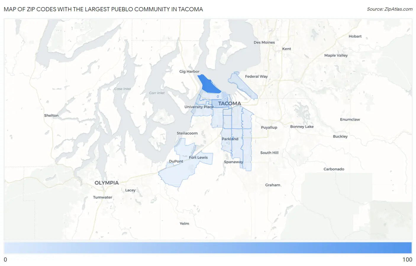Zip Codes with the Largest Pueblo Community in Tacoma Map