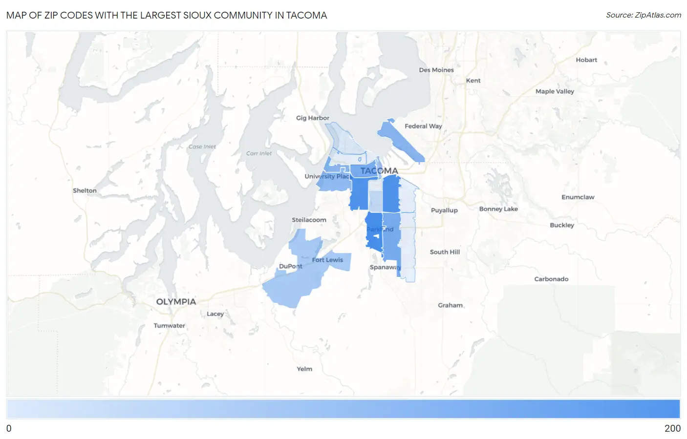 Zip Codes with the Largest Sioux Community in Tacoma Map