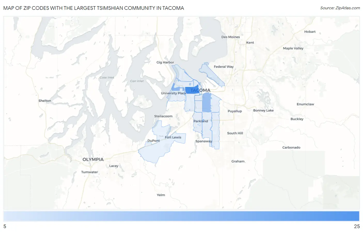 Zip Codes with the Largest Tsimshian Community in Tacoma Map