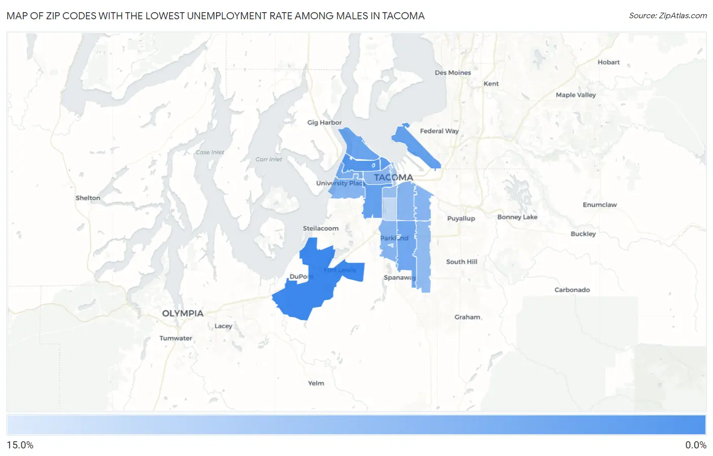 Zip Codes with the Lowest Unemployment Rate Among Males in Tacoma Map