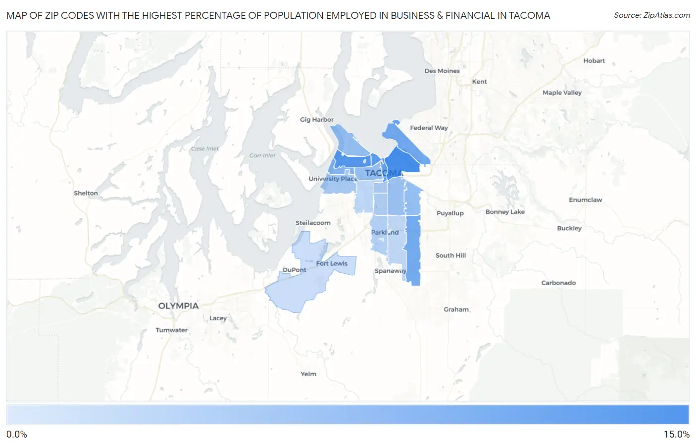 Zip Codes with the Highest Percentage of Population Employed in Business & Financial in Tacoma Map