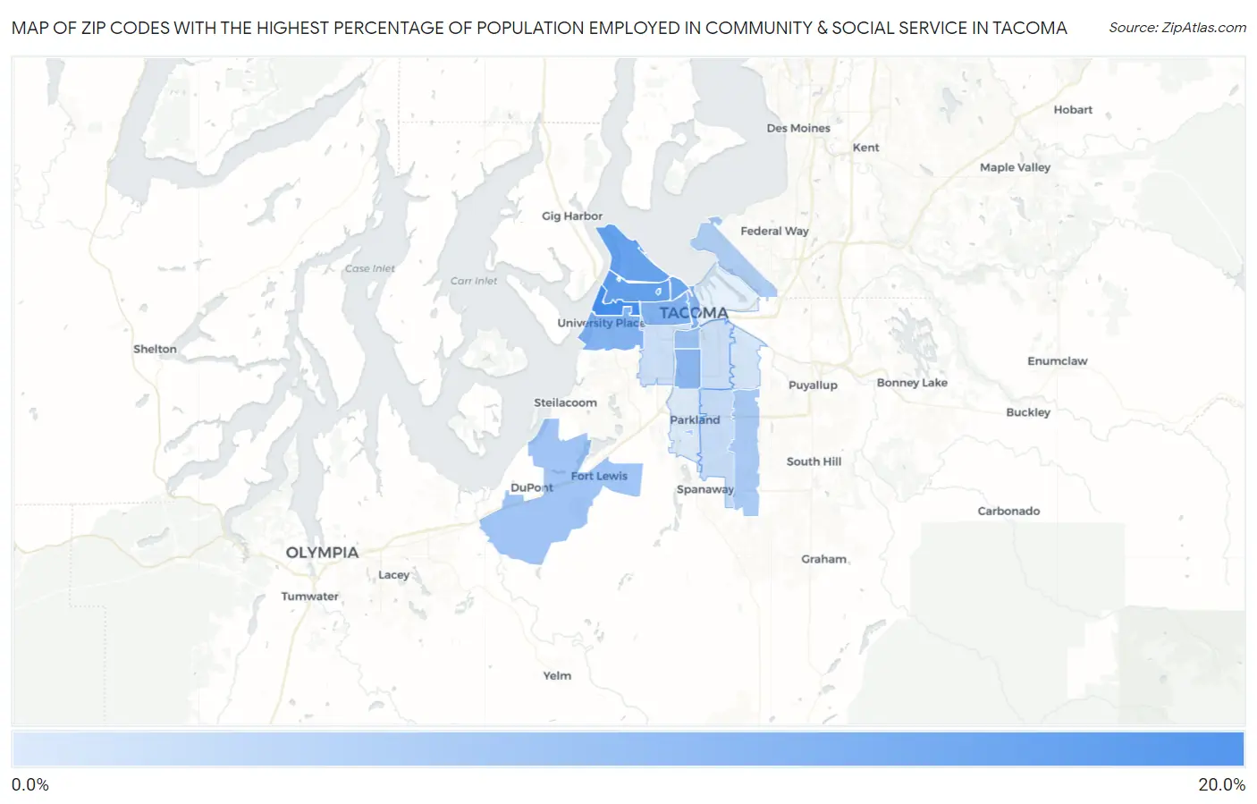 Zip Codes with the Highest Percentage of Population Employed in Community & Social Service  in Tacoma Map