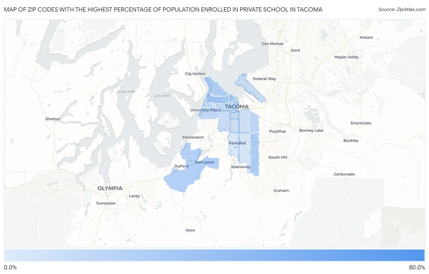 Zip Codes with the Highest Percentage of Population Enrolled in Private School in Tacoma Map