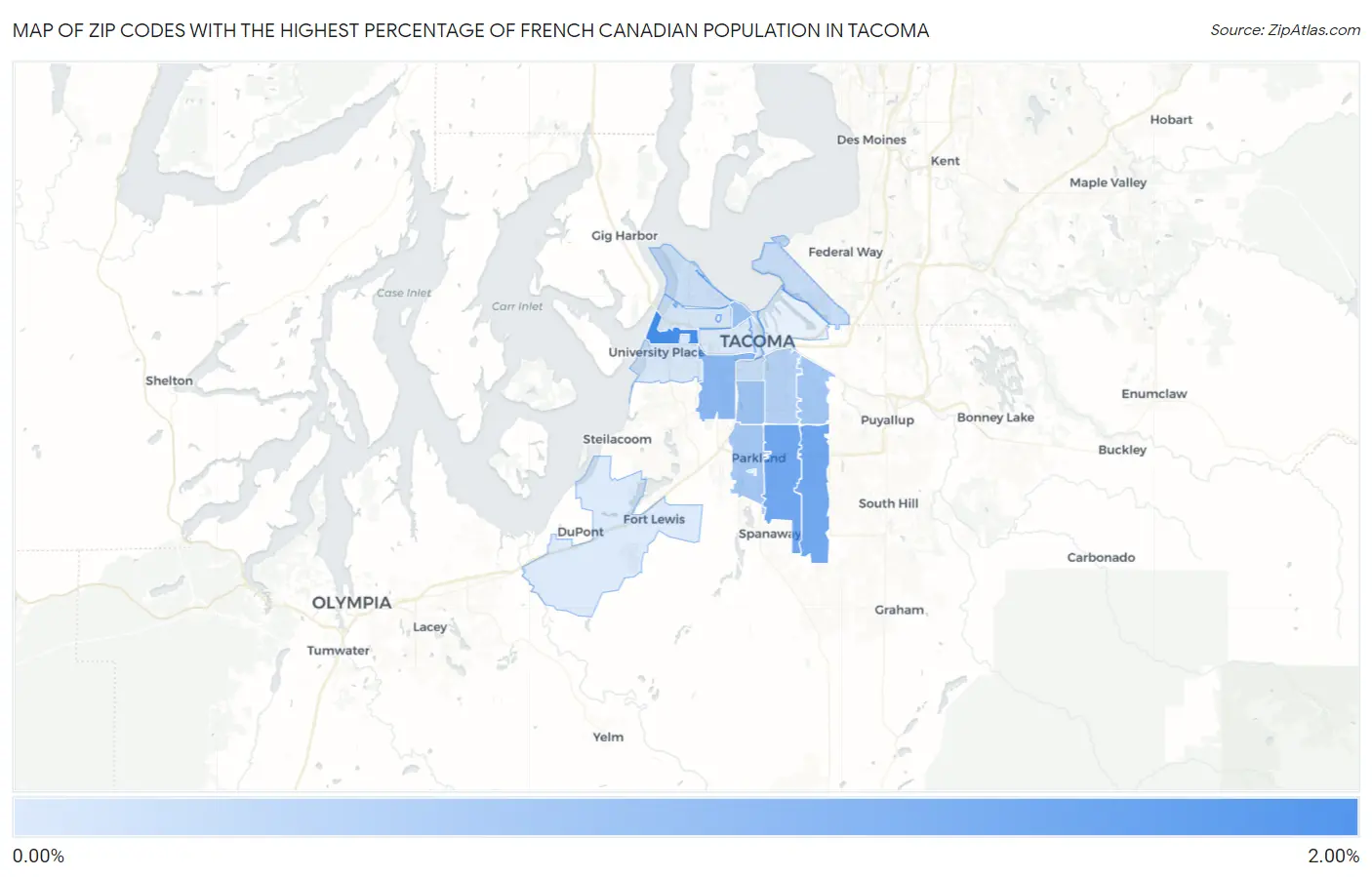 Zip Codes with the Highest Percentage of French Canadian Population in Tacoma Map