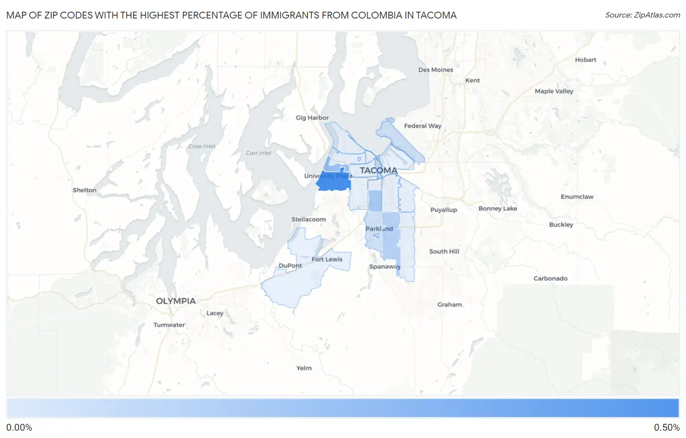 Zip Codes with the Highest Percentage of Immigrants from Colombia in Tacoma Map