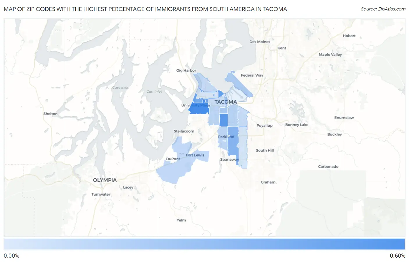 Zip Codes with the Highest Percentage of Immigrants from South America in Tacoma Map