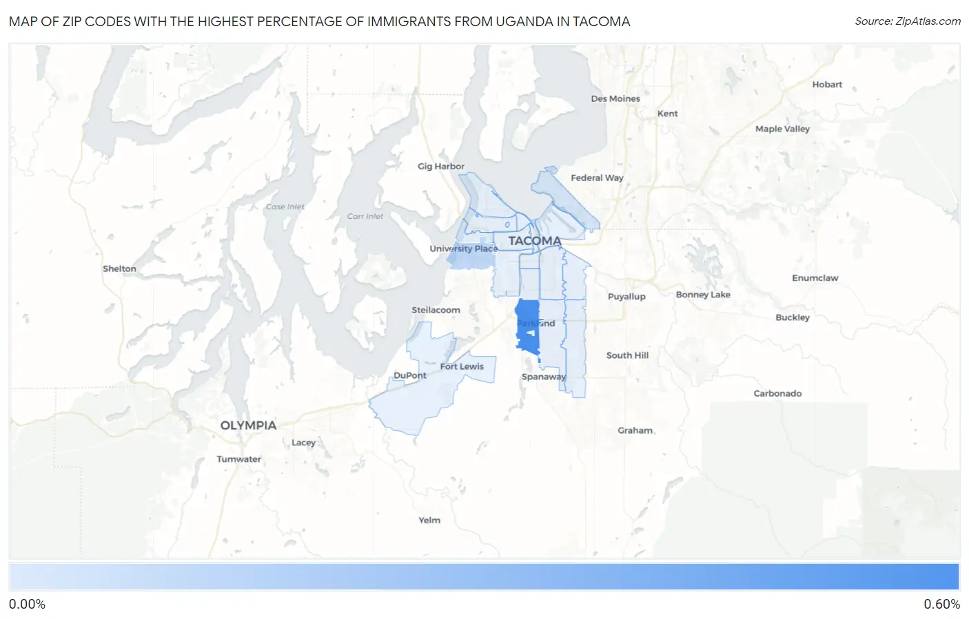 Zip Codes with the Highest Percentage of Immigrants from Uganda in Tacoma Map