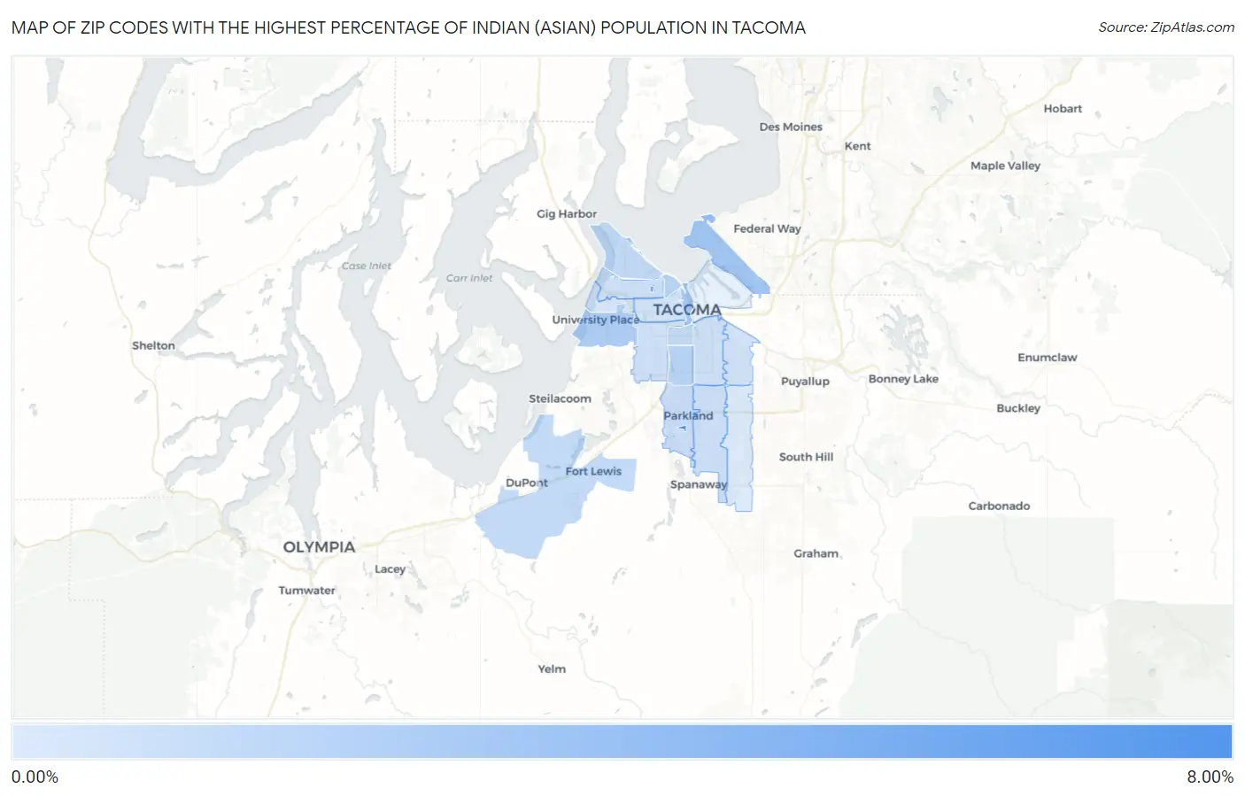 Zip Codes with the Highest Percentage of Indian (Asian) Population in Tacoma Map
