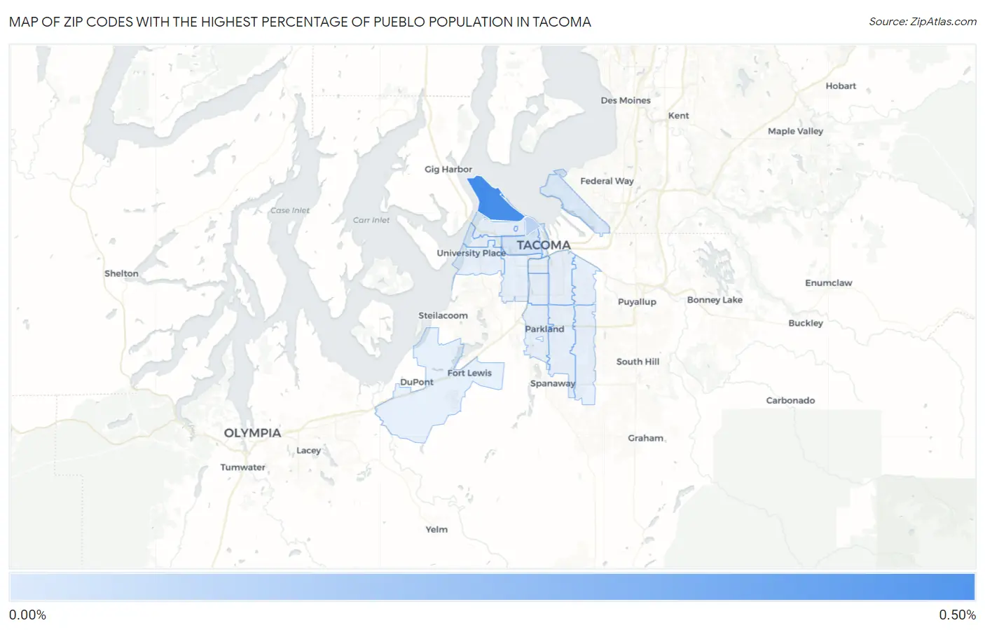 Zip Codes with the Highest Percentage of Pueblo Population in Tacoma Map