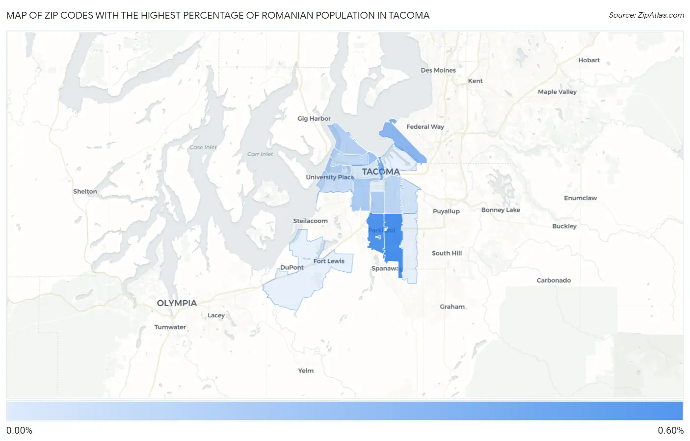 Zip Codes with the Highest Percentage of Romanian Population in Tacoma Map