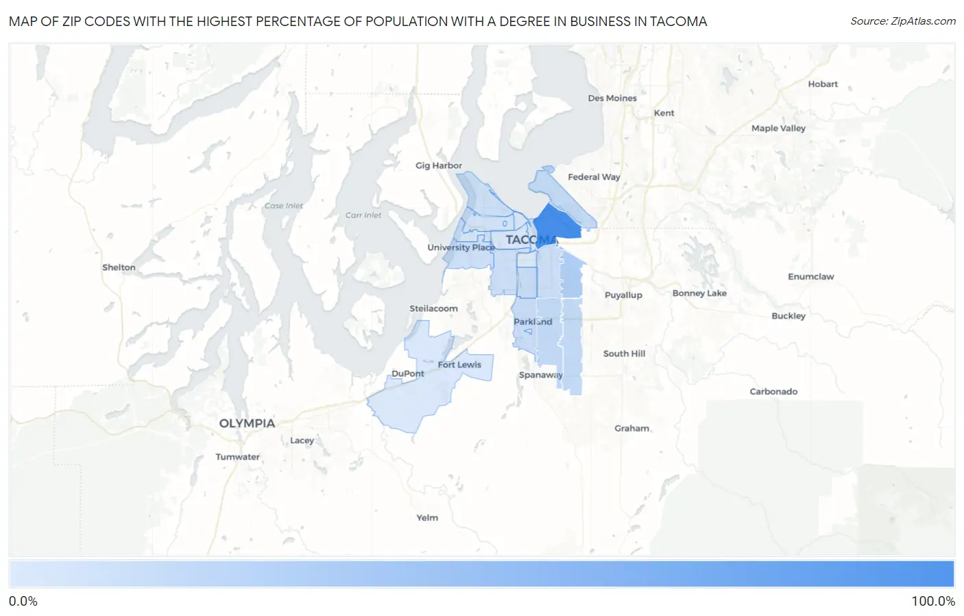 Zip Codes with the Highest Percentage of Population with a Degree in Business in Tacoma Map