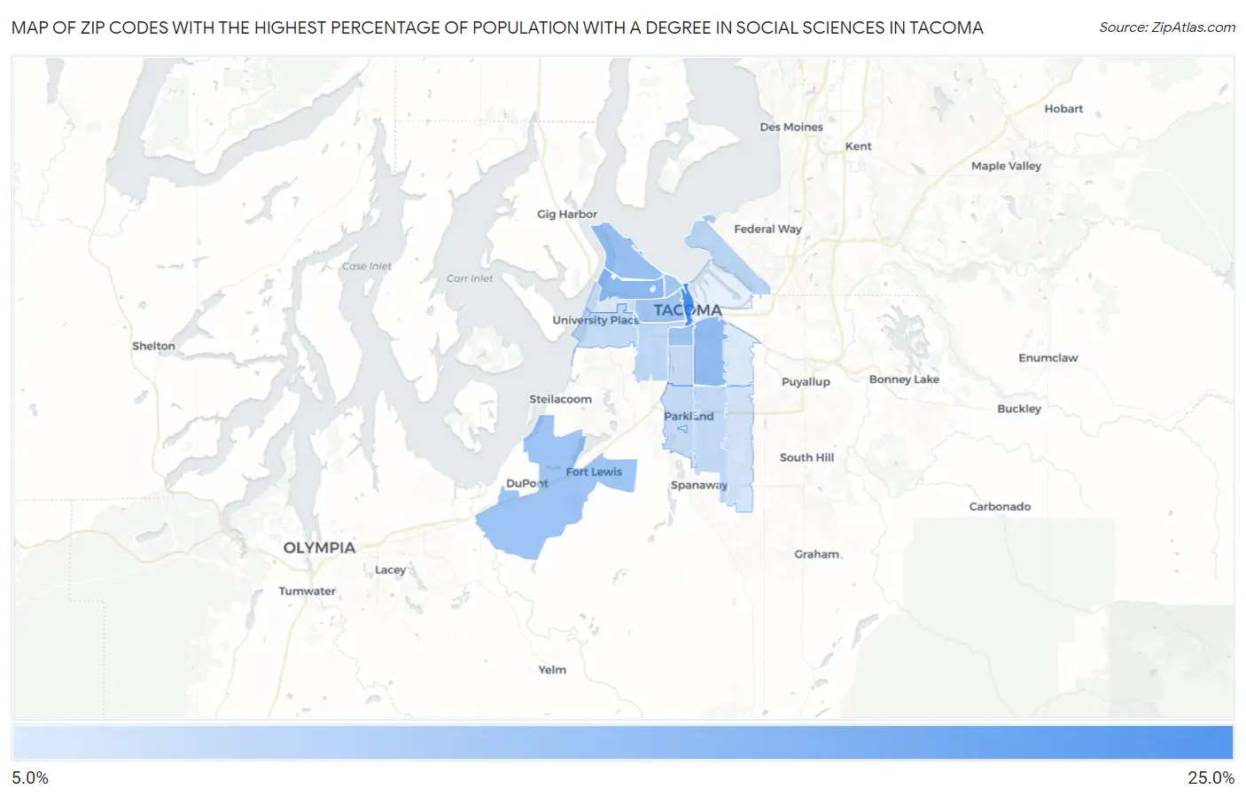 Zip Codes with the Highest Percentage of Population with a Degree in Social Sciences in Tacoma Map