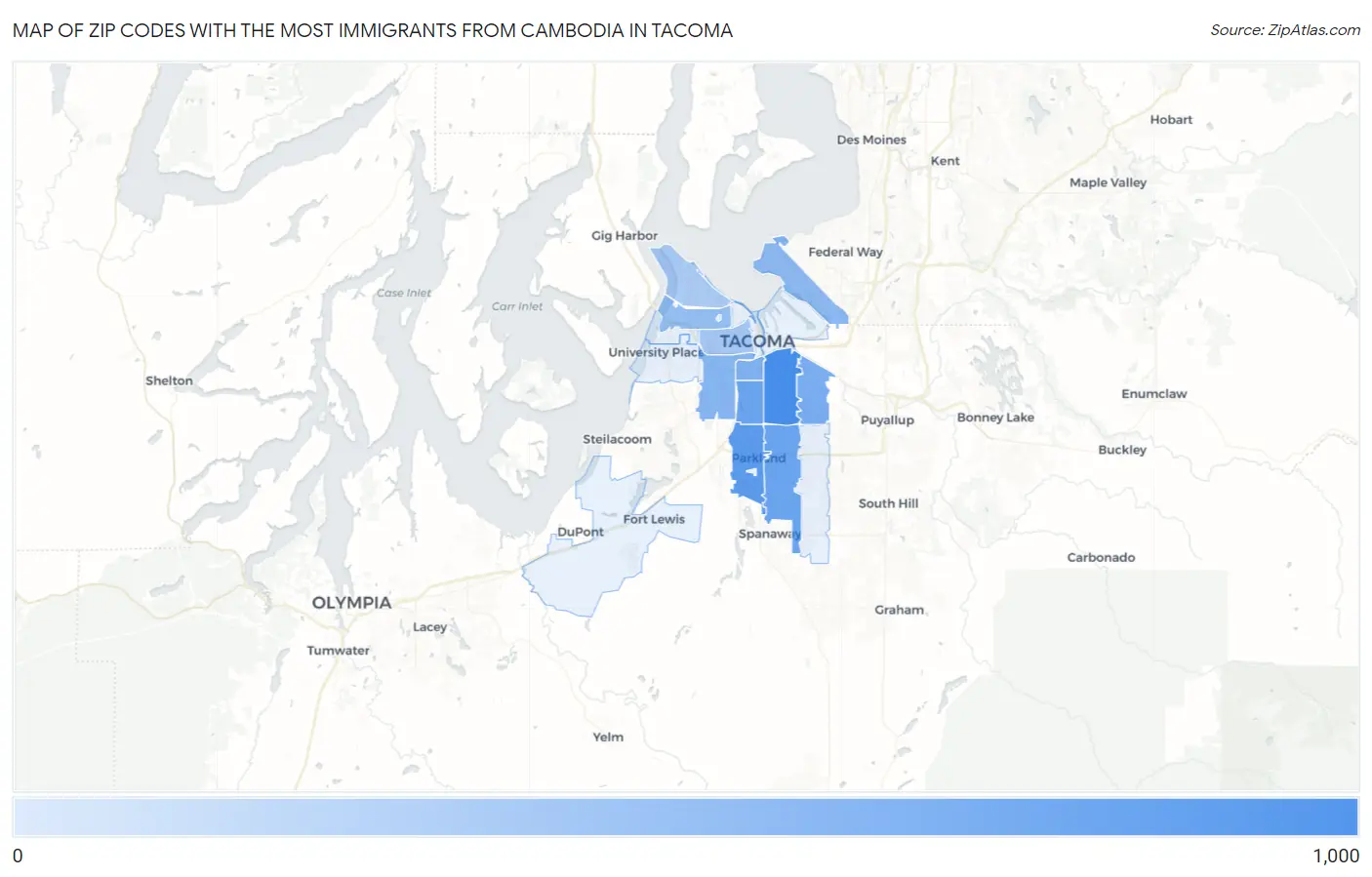 Zip Codes with the Most Immigrants from Cambodia in Tacoma Map
